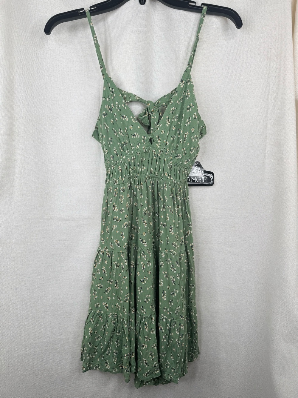 Angie Dress Womens Size S Green Floral Tie Front Tiered Sundress Open Back